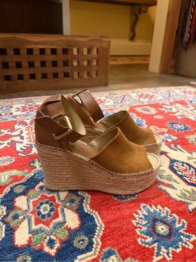 Marc Fisher Tan Suede Espadrille Wedge Sandals with Ankle Buckle